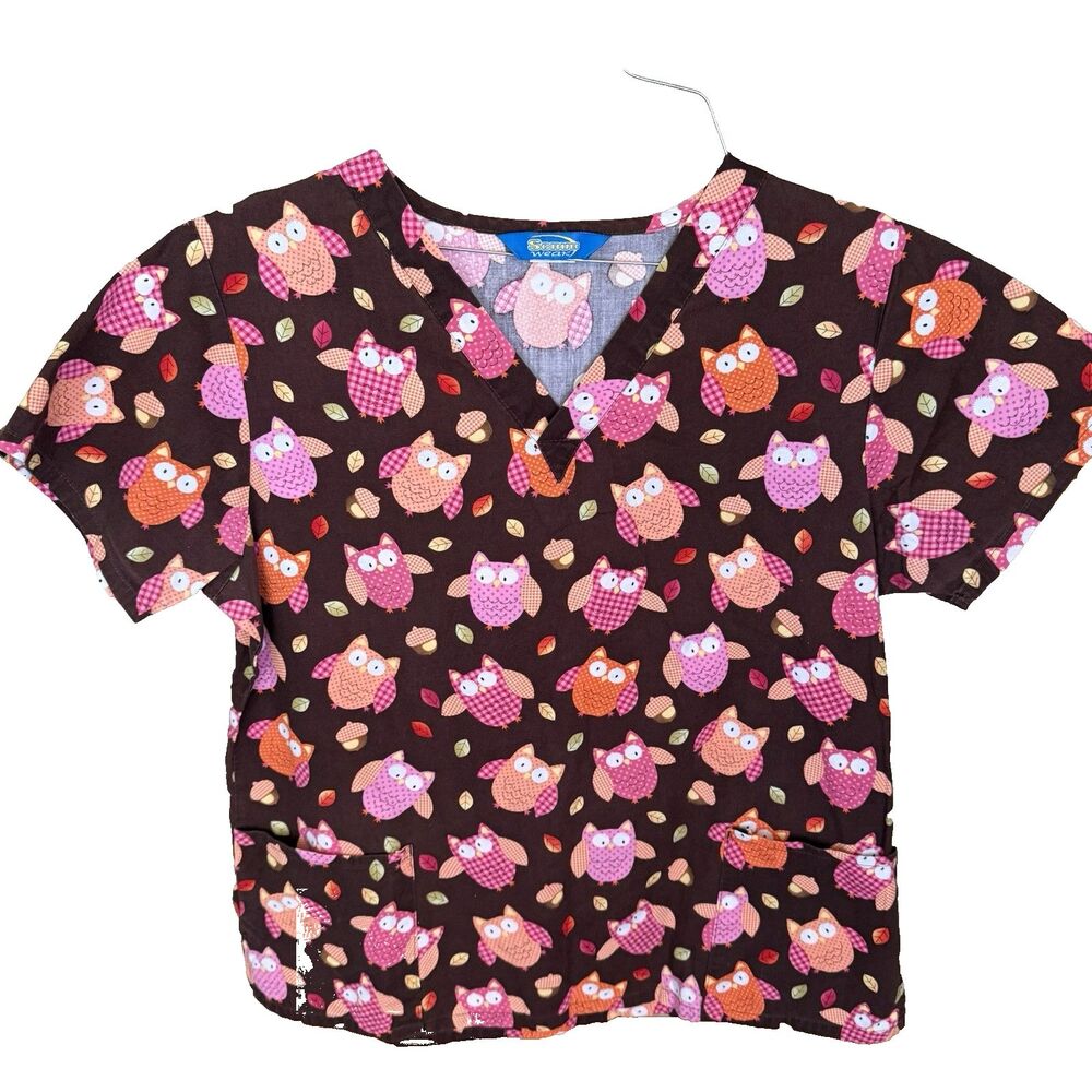 Scrub Top M Brown Pink Orange Owls Scrub Wear Medical RN LPN TECH Pediatric